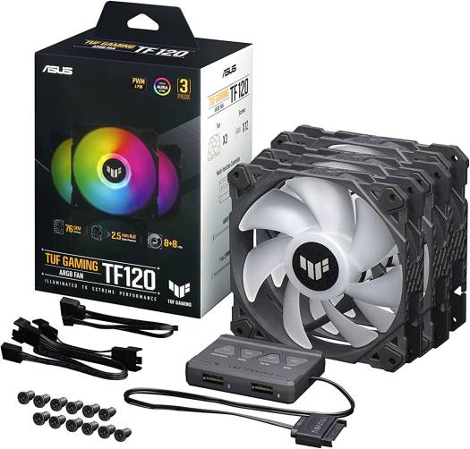 Asus Tuf Gaming TF120 ARGB Case Fan, Aura Sync Compatibility, 12cm Fan Diameter, 1900RPM Max Rotation Speed, 76 cfm Max Airflow, 29 dB Noise Level, Black Edition, Triple Pack | 90DA0030-B09030
