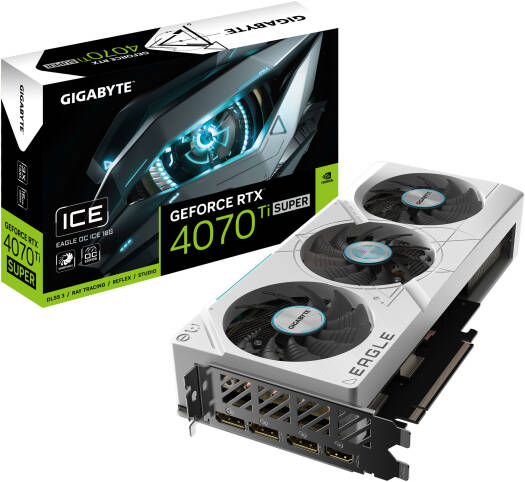NVIDIA GeForce RTX 4070 Ti SUPER EAGLE OC ICE Graphics Card, 16GB GDDR6X 256bit Memory, 2640 MHz Core Clock, 21Gbps Memory Clock, PCI-E 4.0, 8448 CUDA, PCI-E 4.0, DP / HDMI | GV-N407TSEAGLEOCICE-16GD
