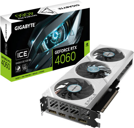 GIGABYTE GeForce RTX 4060 EAGLE OC ICE Graphics Card, 8GB GDDR6 128 bit Memory, 2505 MHz Boost Clock, 17 Gbps Memory Clock, 3072 CUDA Cores, PCI-E 4.0, DP*2 HDMI *2 | GV-N4060EAGLEOCICE-8GD
