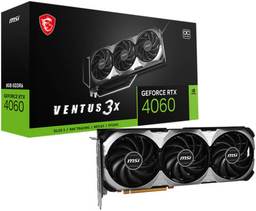 MSI GeForce RTX 4060 VENTUS 3X OC Graphics Card, 8GB GDDR6 128-bit Memory, 2565 MHz Boost Clock, 3072 CUDA, 17Gbps Memory Speed, PCI E Gen 4, DP v1.4a / HDMI 2.1 | 912-V516-026