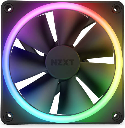 NZXT F120 RGB Duo Singe Pack Computer Fan, Plastic+Rubber+PCB Materials, Fluid Dynamic Bearing, Dual-Sided Lighting, 4-Pin PWM Connector, 1800 RPM Fan Speed, 48.58 CFM Airflow, Black | RF-D12SF-B1