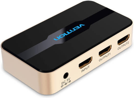 Vention 1 In 2 Out HDMI Splitter, 4K 30Hz Resolution, 3D Visual Effects, DC 5V 1A PSU, Compatible with Computer / Play Stations / Le TV / Millet Box, Gold | ACBG0