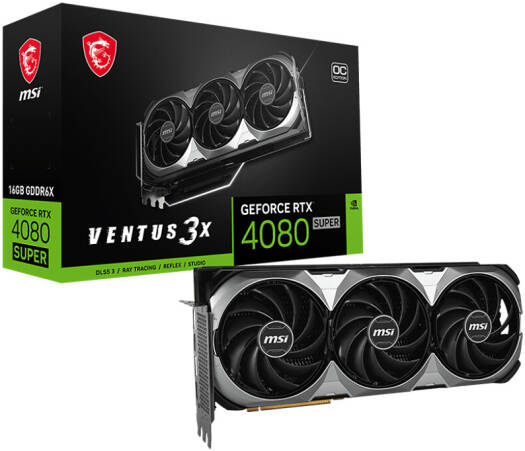 MSI GeForce RTX 4080 SUPER VENTUS 3X OC Graphics Card, 16GB GDDR6X 256-bit Memory, 2580 MHz Boost Clock, 23Gbps Mmeory Speed, 10240 CUDA Cores, PCI E Gen 4, DP x 2 / HDMI x 2 | 912-V511-233