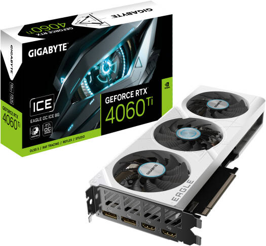 GIGABYTE GeForce RTX 4060 Ti EAGLE OC ICE Graphics Card, 8GB GDDR6 128 bit Memory, 2550 MHz Boost Clock, 18 Gbps Memory Clock, 4352 CUDA Cores, PCI-E 4.0, DP*2 HDMI *2 | GV-N406TEAGLEOC ICE-8GD