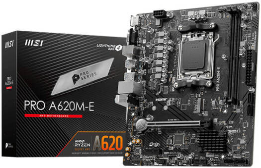 MSI PRO A620M-E AM5 mATX Motherboard, AMD A620 Chipset, 2x DDR5 / 96GB Max Memory, 1x PCI-E x16, 1x M.2, RTL8111H Gigabit LAN, 2x USB 3.2 Type-A, 1x HDMI / 1x VGA | 911-7E28-001