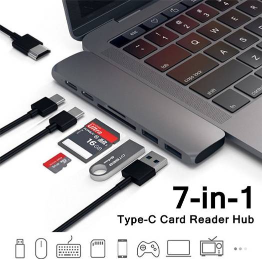 Type-C 7 in 1 HD, 4K Card Reader and Hub, 1xHDMI, 2xType-C, 2xUSB 3.0, 1xMicro SD, 1xSD, 1xHDMI