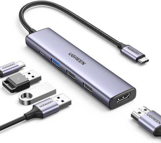 UGREEN 5-ni-1 USB-C Hub, 100W PD Charging, 1 USB3.0 2 USB2.0, USB Type C, HDMI Ports, 5Gbps USB-C Data Transfer Rate, Gray | 15495