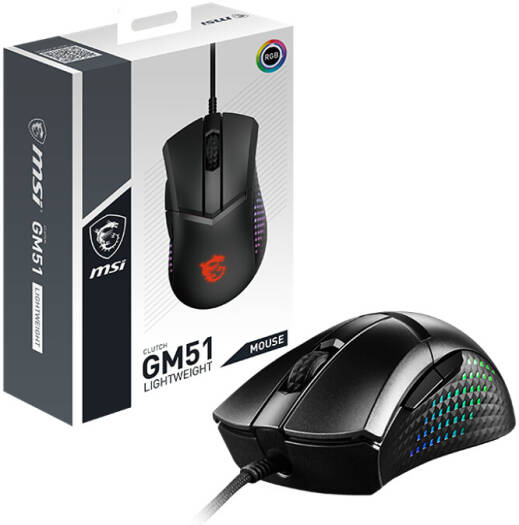 MSI Clutch GM51 Lightweight Gaming Mouse, PAW-3395 Optical Sensor with 26000 DPI Optical Sensor, 60M Omron Switches, RGB, 5 Programmable Buttons, FriXionFree Cable, PC/Mac, Black |  S12-0402180-C54