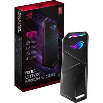Asus ESD-S1B05 Rog Strix Arion S500 Portable SSD, 500 GB Capacity, USB-C 3.2 Gen 2x1, NVMe SSD with DRAM, 1050 MB/s Transfers, 256-bit AES Disk, Aura Sync, 10Gbps Speed | 90DD02I0-M09000