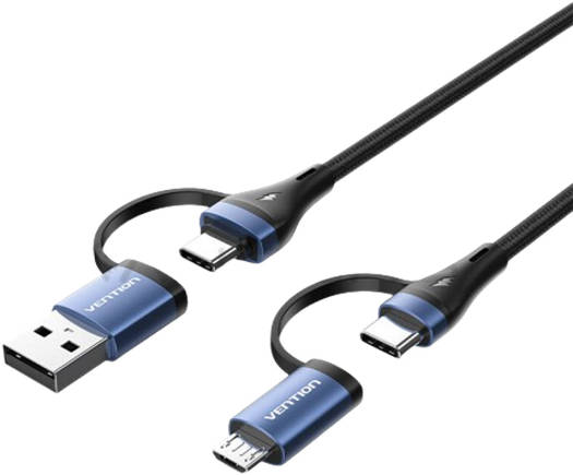 Vention 4-in-1 USB-C 2.0 Fast Charging Data Cable, 100W, With USB-A & Micro USB Built-In Adapter, 480Mbps Transmission Rate, Blue Aluminium Alloy Type, Nylon Braided, 2M Black Cable | CTLLH