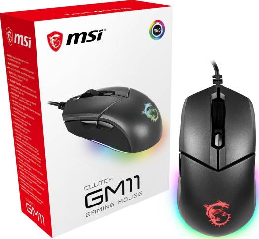 MSI Clutch GM11  Wire Gaming Mouse, 5000 DPI PMW-3325 Optical Sensor, 10M Omron Switches, Symmetrical Ergonomic Design, RGB Mystic Light Compatible, PC/Mac Black | S12-0401800-CLA