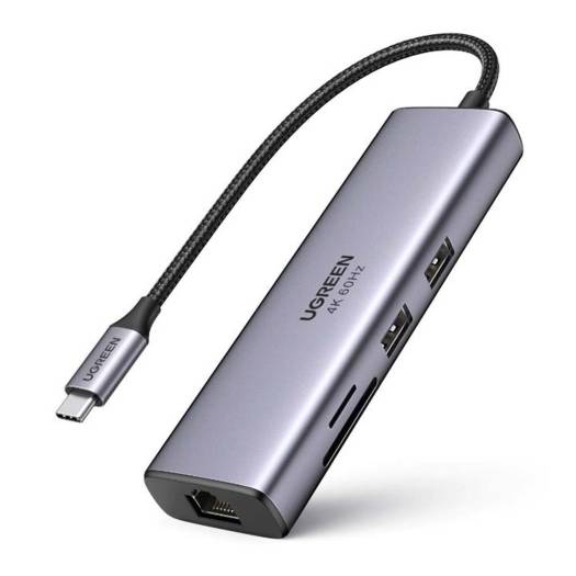 Ugreen 7 in 1 Multiport Adapter, With 4K@60Hz, 100W PD Pass Through Charging, Gigabit Ethernet Port, Dual SuperSpeed 5G USB 3.0 Ports, SD & Micro SD Card Reader, USB-C Male Input, Gray | 60515 / 90568