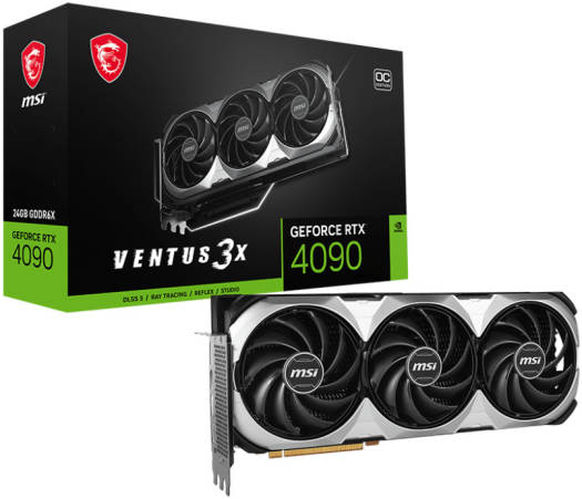 MSI GeForce RTX 4090 VENTUS 3X E OC Graphics Card, 24GB GDDR6X 384-bit Memory, 2550 MHz Boost Clock, 21Gbps Memory Speed, 16384 CUDA Cores, PCI E Gen 4, DP v1.4a x2 / HDMI 2.1 x2 | 912-V510-273