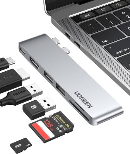 UGREEN USB Hub 6-In-2 USB C Hub Adapter with 4K HDMI for MacBook Pro 2022 5Gbps Superspeed Data Sync, Thunderbolt 3USB-C, SD TF Card Reader, 2*USB 3.0 Compatible for MacBook Pro/Air M1, Silver | 80856