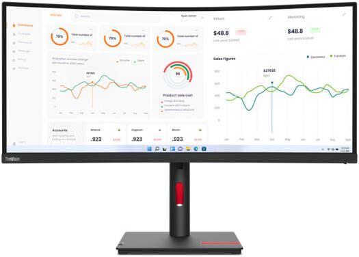 Lenovo ThinkVision T34w-30 Curved Monitor, 34" VA Display, WQHD Resolution, 60Hz Refresh Rate, 4ms (Extreme Mode) Response Time, 1500R Curvature, 16.7m Color Support, Black | 63D4GAR1US