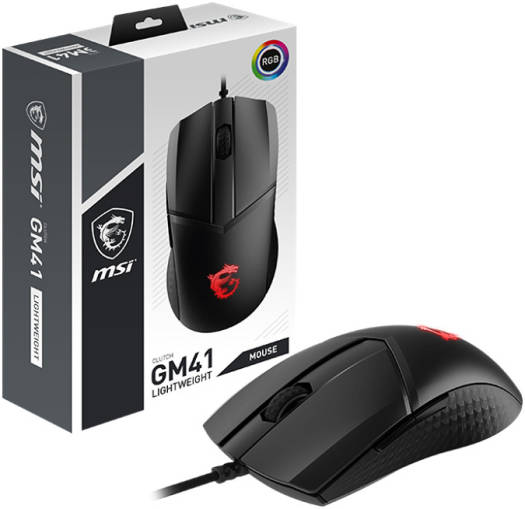 MSI Clutch GM41 Wired Lightweight Gaming Mouse Single, 16000 dpi Optical Sensor, RGB LED Light, 1ms Polling Rate, 6 Programmable Buttons, NVIDIA Reflex Compatible,, Black | S12-0401860-C54